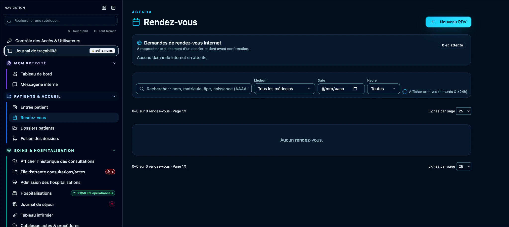 Module Rendez-vous de MBANAMA Health Hub, avec les demandes, filtres et disponibilités regroupés dans un même espace.